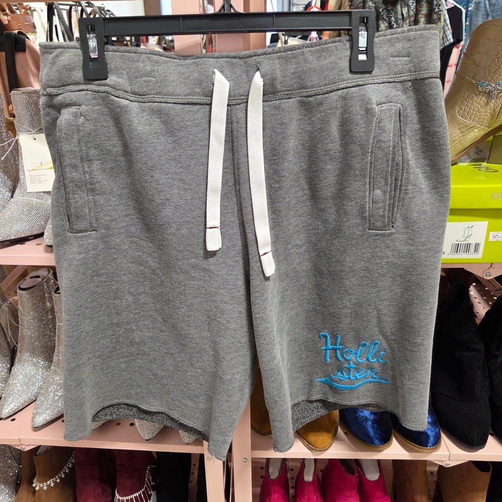Hollister Mens Fleece Sweat Shorts Gray Blue Embroidered Logo Size Large Raw Hem